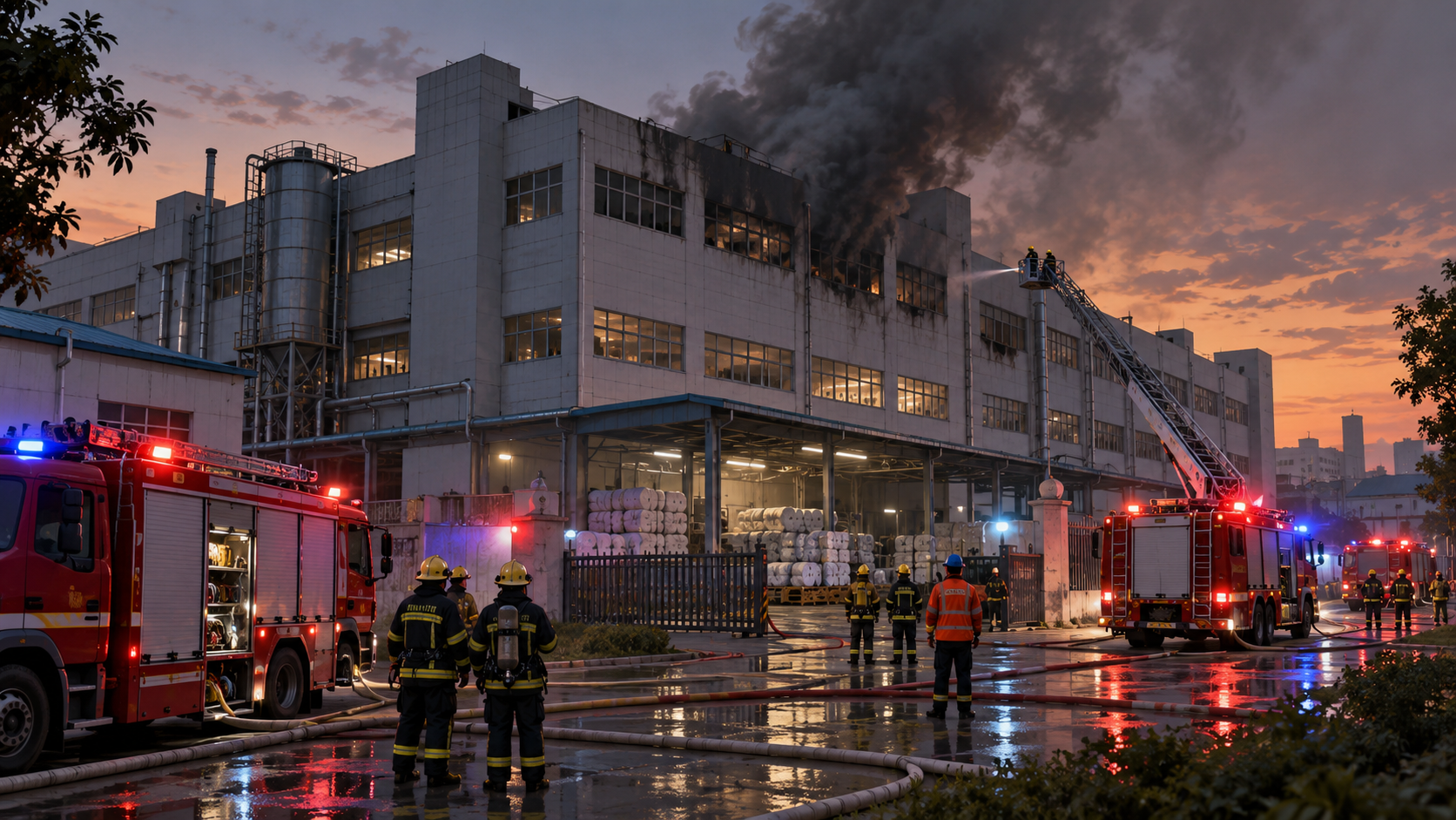 Editorial illustration of firefighters responding to a textile factory fire