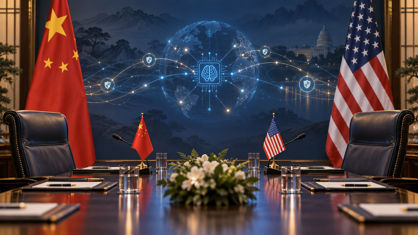Editorial illustration of a China–United States diplomatic meeting and secure AI communication network