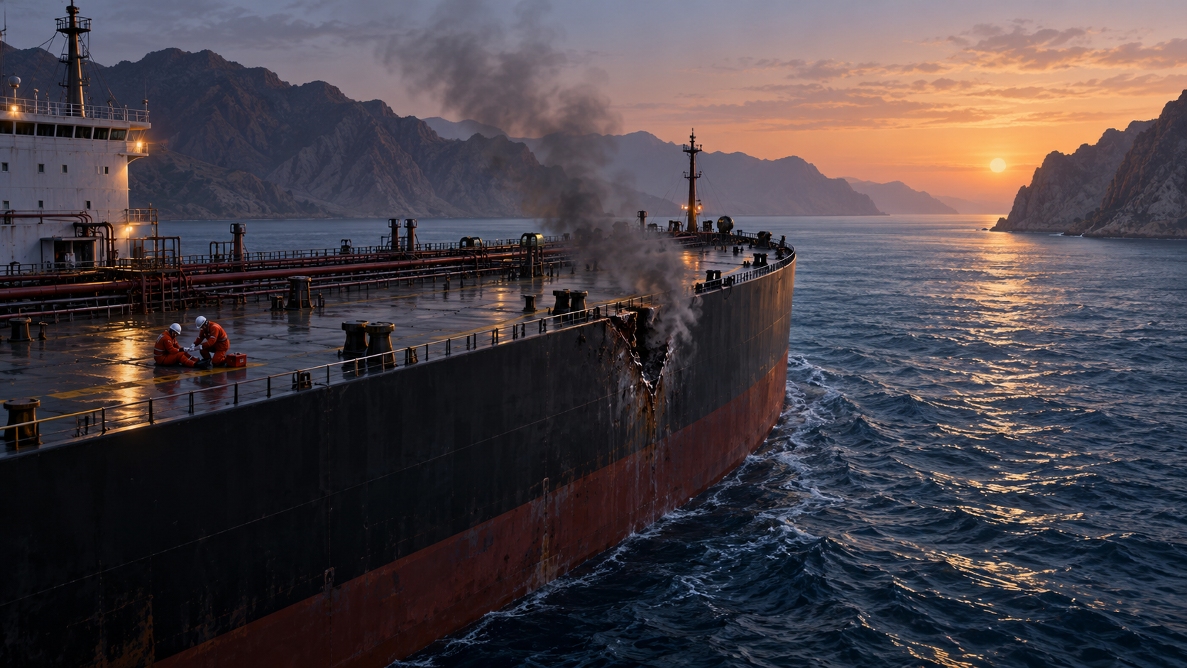 Editorial illustration of a damaged oil tanker in the Strait of Hormuz