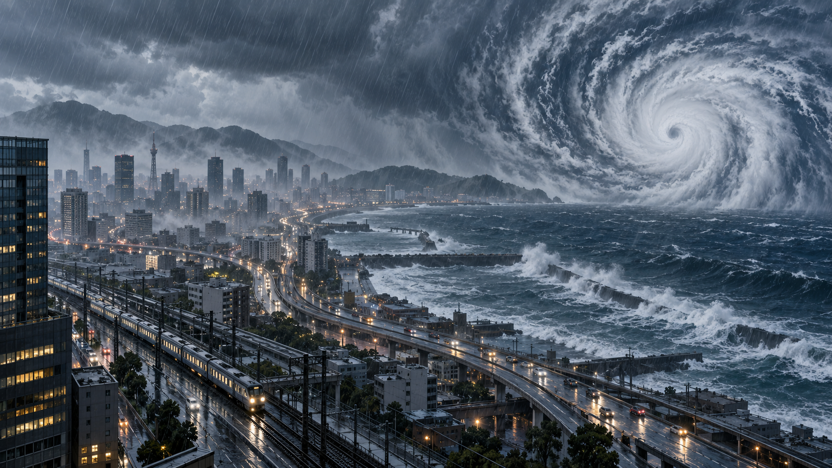 Editorial illustration of a typhoon and heavy rain approaching Japan's Pacific coast