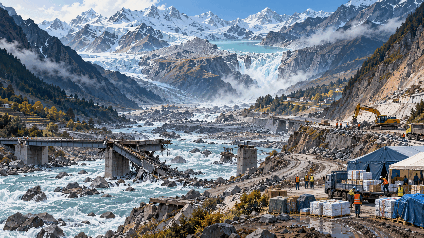 Editorial illustration of Himalayan glacier-flood damage and recovery work in Nepal