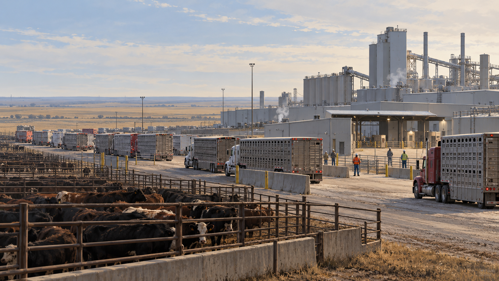 Editorial illustration of cattle trucks backed up outside a beef-processing plant in southwest Kansas