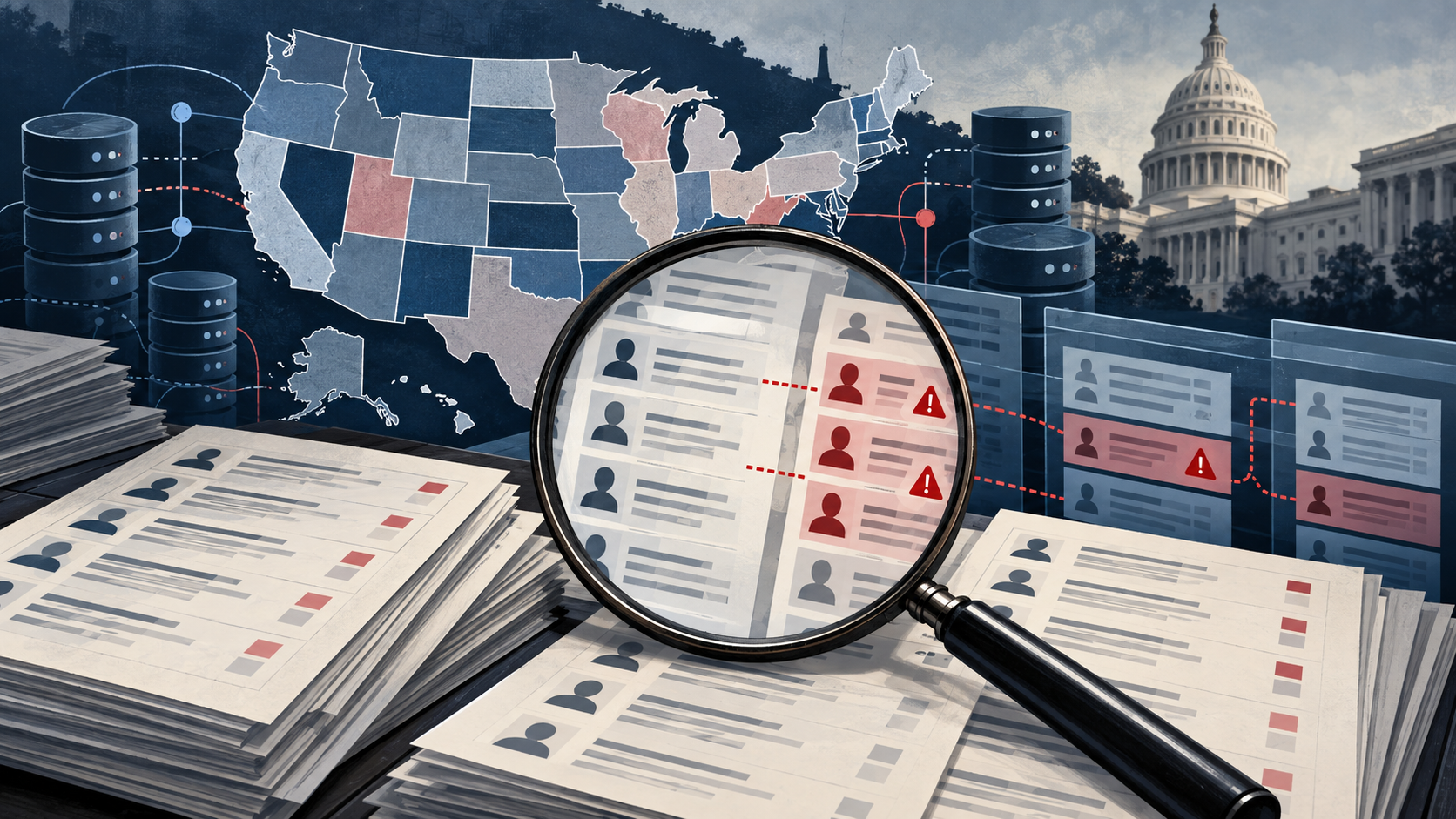 Editorial illustration of U.S. voter rolls being compared across government databases